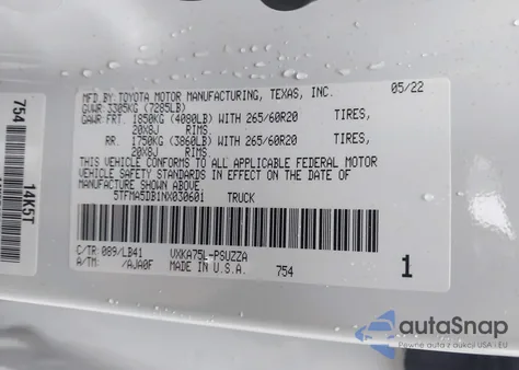 2022 Toyota Tundra 1794 Edition z USA, uszkodzony, nr VIN 5TFMA5DB1NX030601